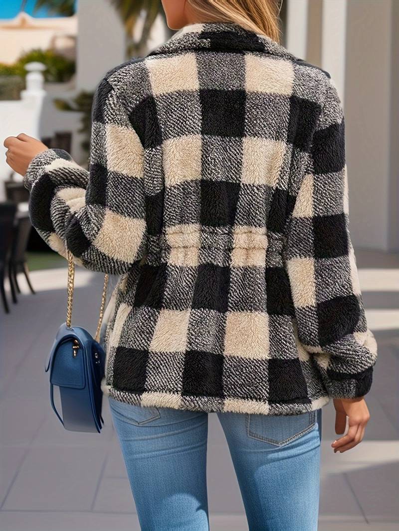 Women's checked teddy jacket with adjustable waist drawstring