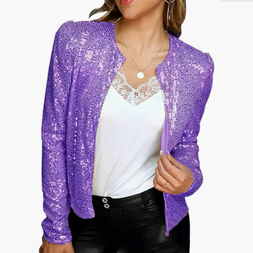 Women's Sequin Jacket - Fitted Silhouette - Collarless Design - Long Sleeve Party Wear