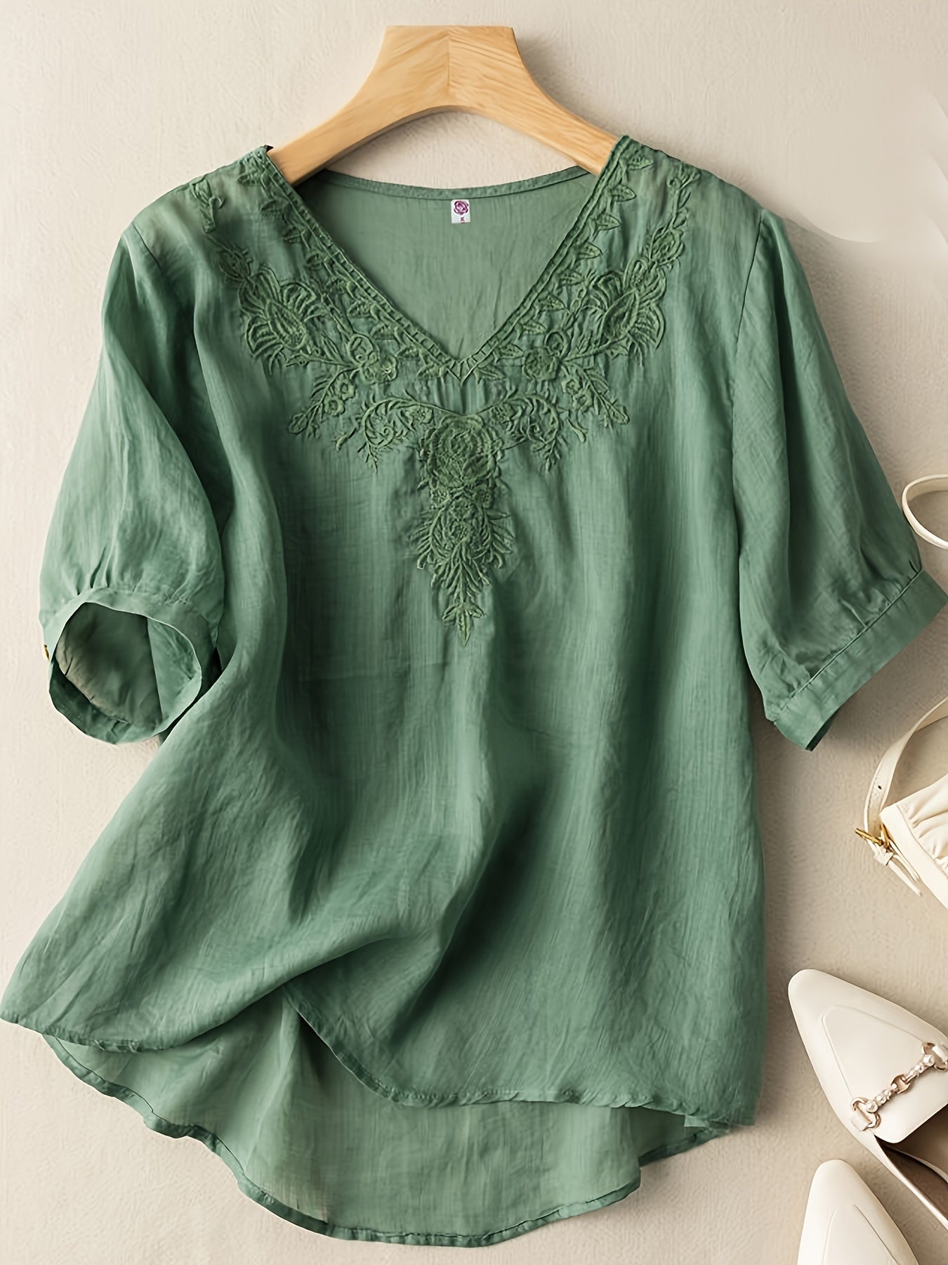 Women's V-Neck Blouse - Embroidered Detail - Short Sleeve - Lightweight & Flowy