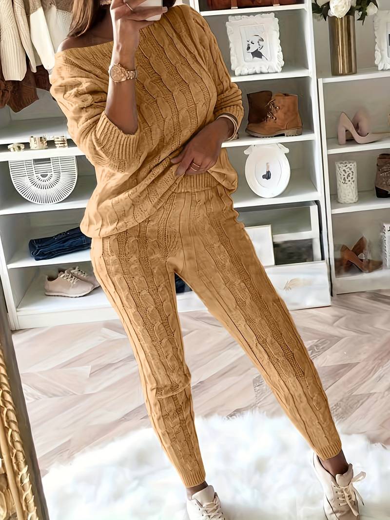 Women's Knit Sweater Set - Cable Knit - Oversized Off-Shoulder Sweater & Slim Pants