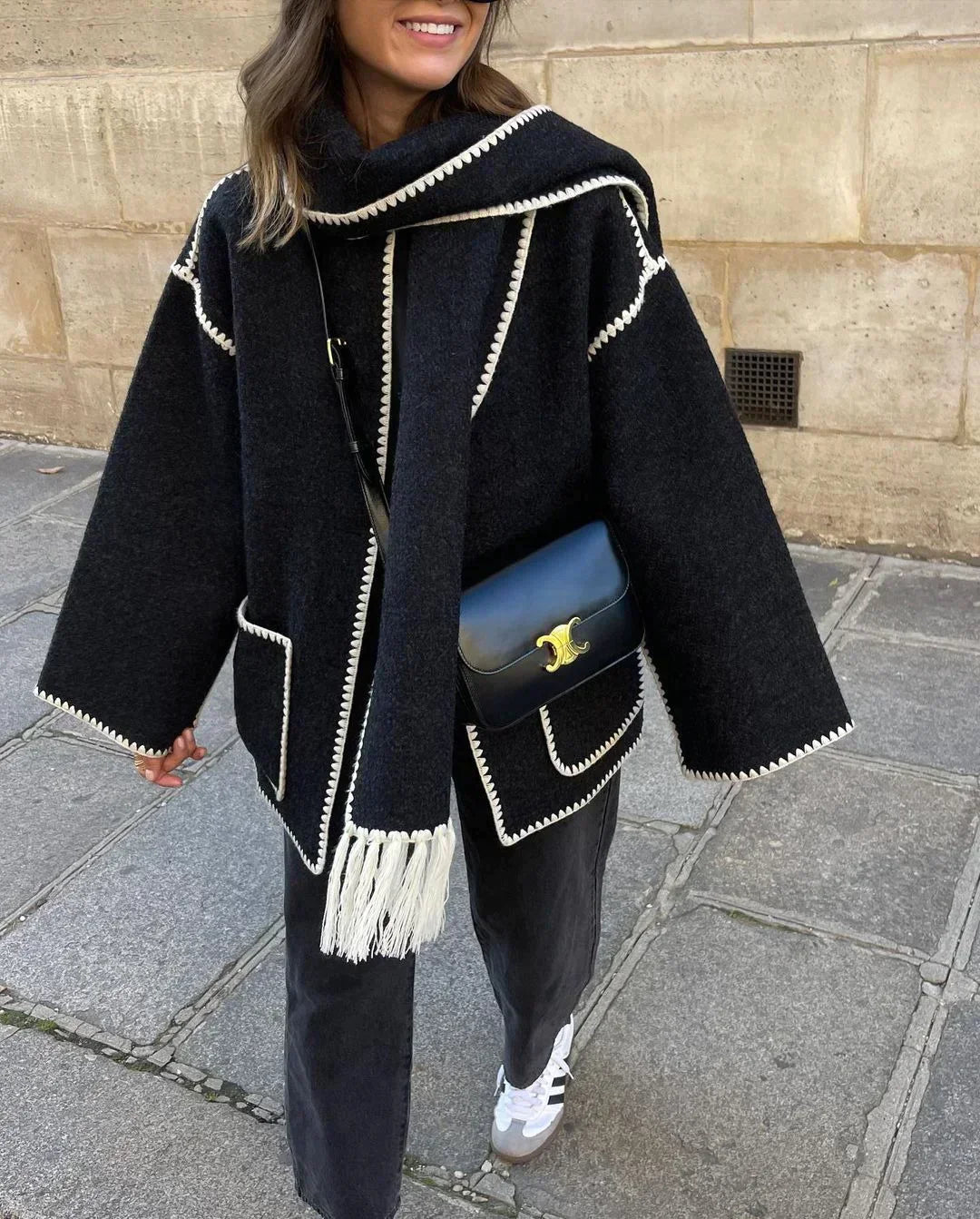 Women's coat with tassel scarf loose fit