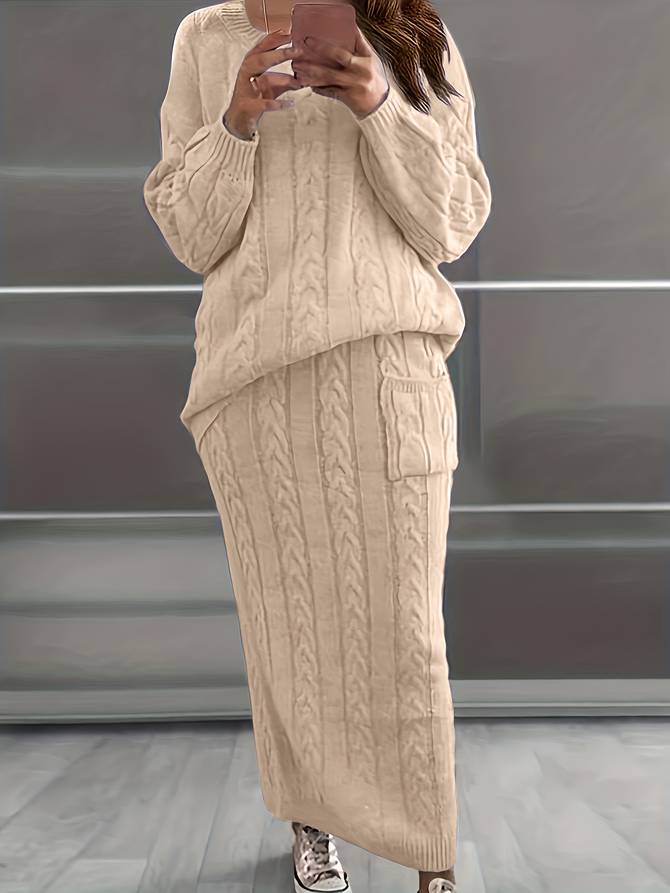 Women’s Knit Sweater and Skirt Set – Cable Pattern – Relaxed Fit – Long Sleeve – Ankle Length