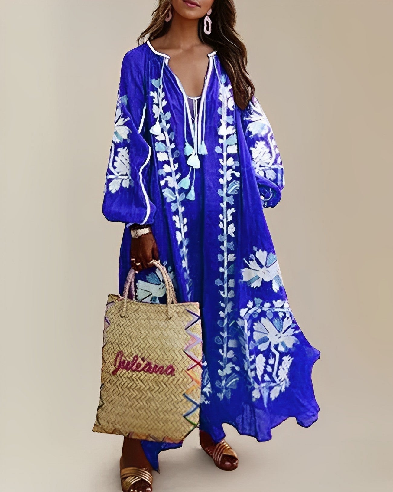 Women's Kaftan Dress - Embroidered Boho Style - V-Neck with Tassels - Flowy Long Sleeves