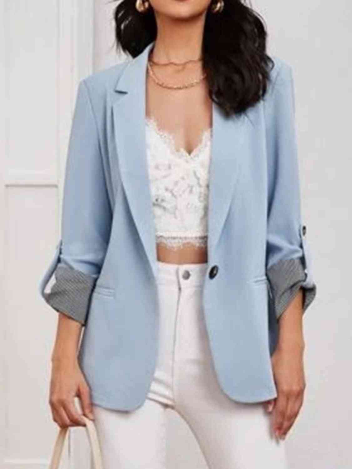 Women's Tailored Blazer - Notched Lapel - Three-Quarter Roll-Tab Sleeves - Open Front