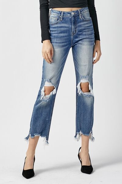 Women’s Straight Leg Jeans - High Waist - Cropped Length - Distressed Ripped Denim