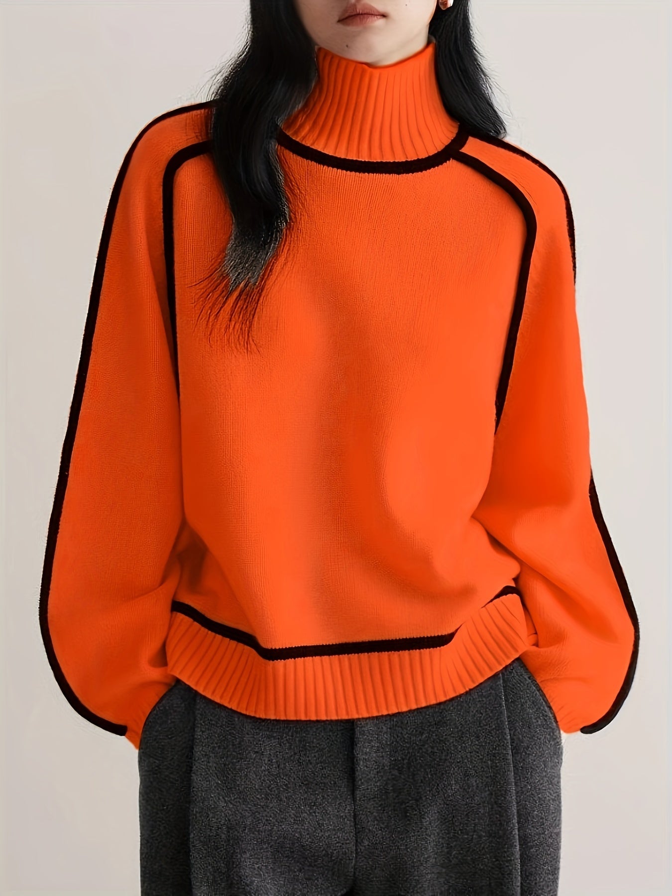 High-neck knit sweater with outlined design and long sleeves for women