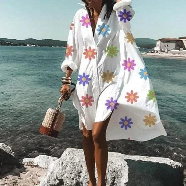 Women’s Shirt Dress - Loose Fit - Long Sleeve Button Down - Casual Beachwear