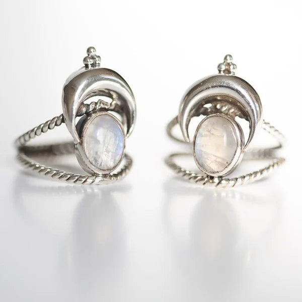 Oval Moon Phase Rainbow Moonstone Ring