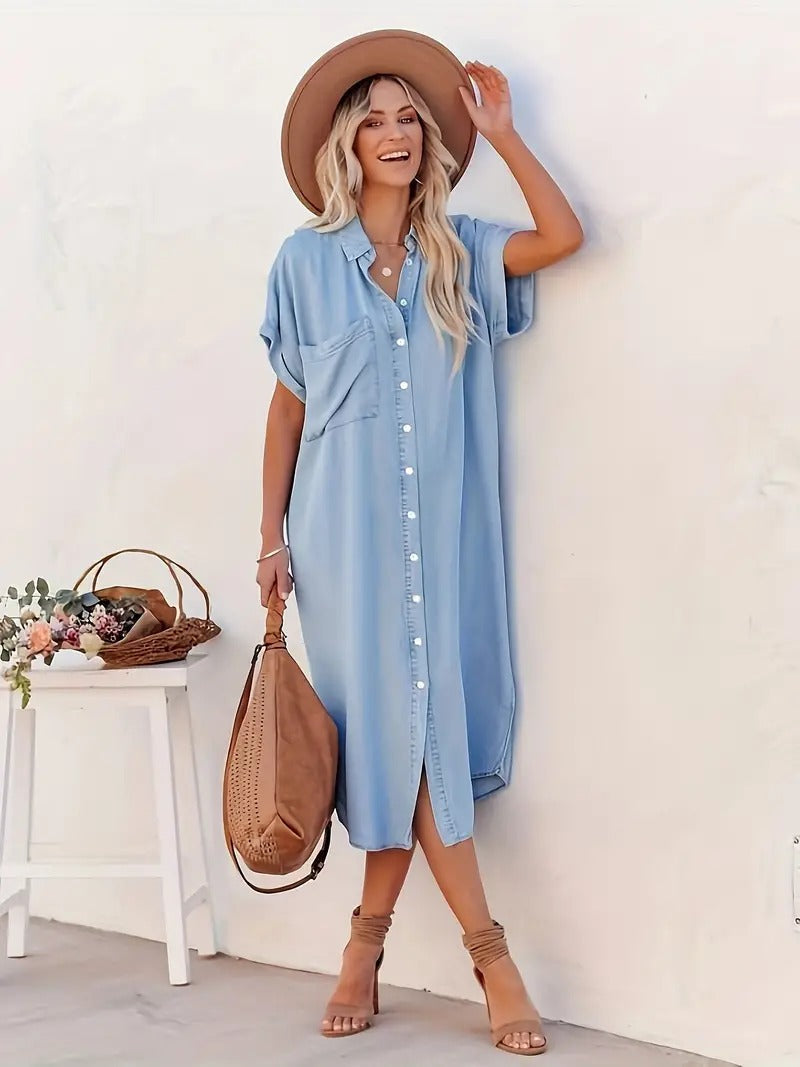 Relaxed Fit Button-Up Midi Shirt Dress