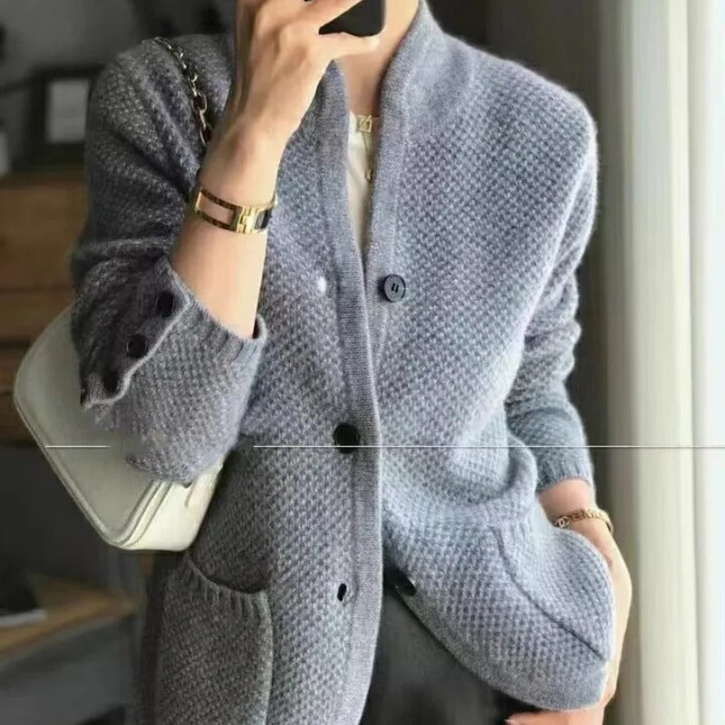 Women's Knitted Cardigan - Textured Knit - Button-Down - Relaxed Fit with Pockets