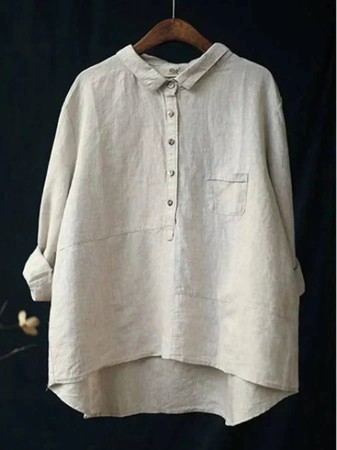 Women's Linen Shirt - Relaxed Fit - Long Sleeve - Half Button Casual Collared Top