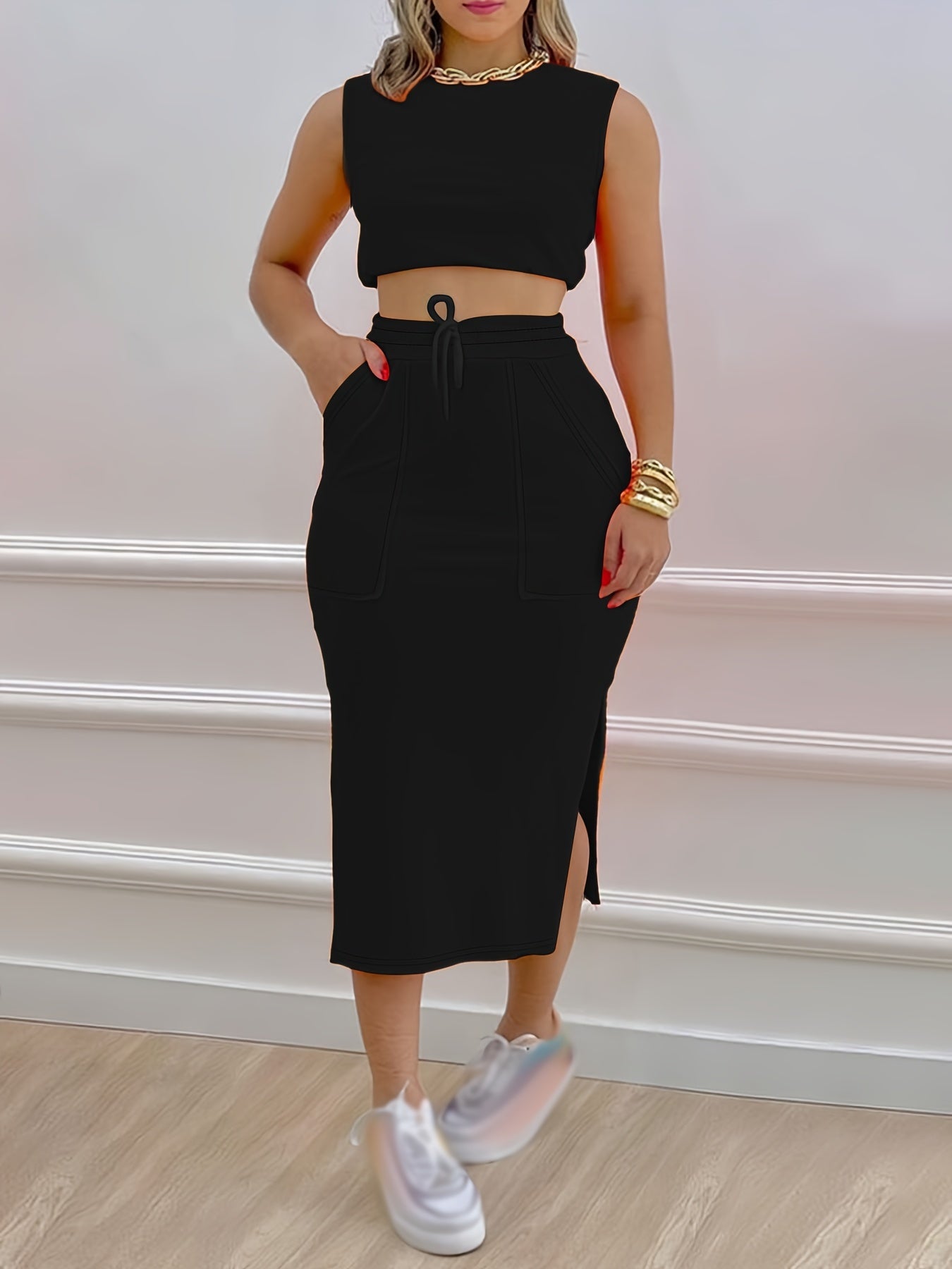 Two-piece sleeveless crop top and drawstring midi skirt set for women