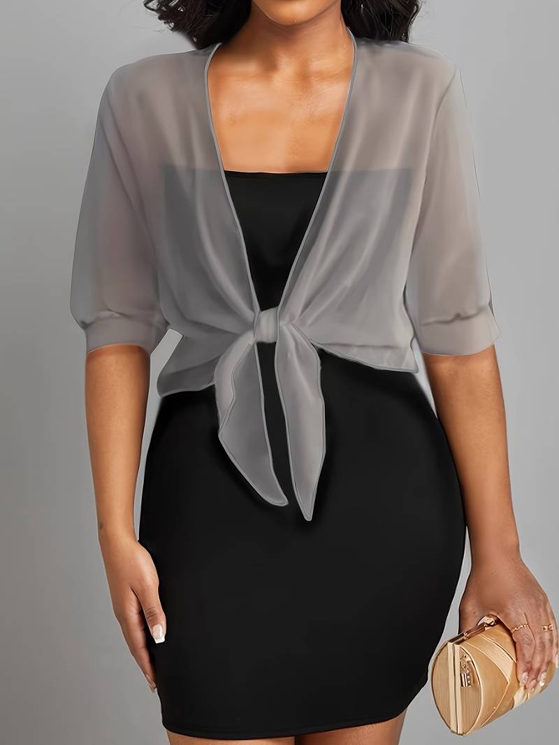 Women's Bolero Jacket - Open Front Tie Closure - Three-Quarter Sleeve Layering Piece