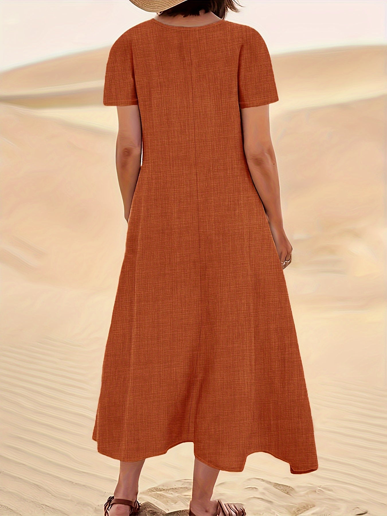 Flowy short-sleeve maxi dress with side pockets for casual and vacation wear for women