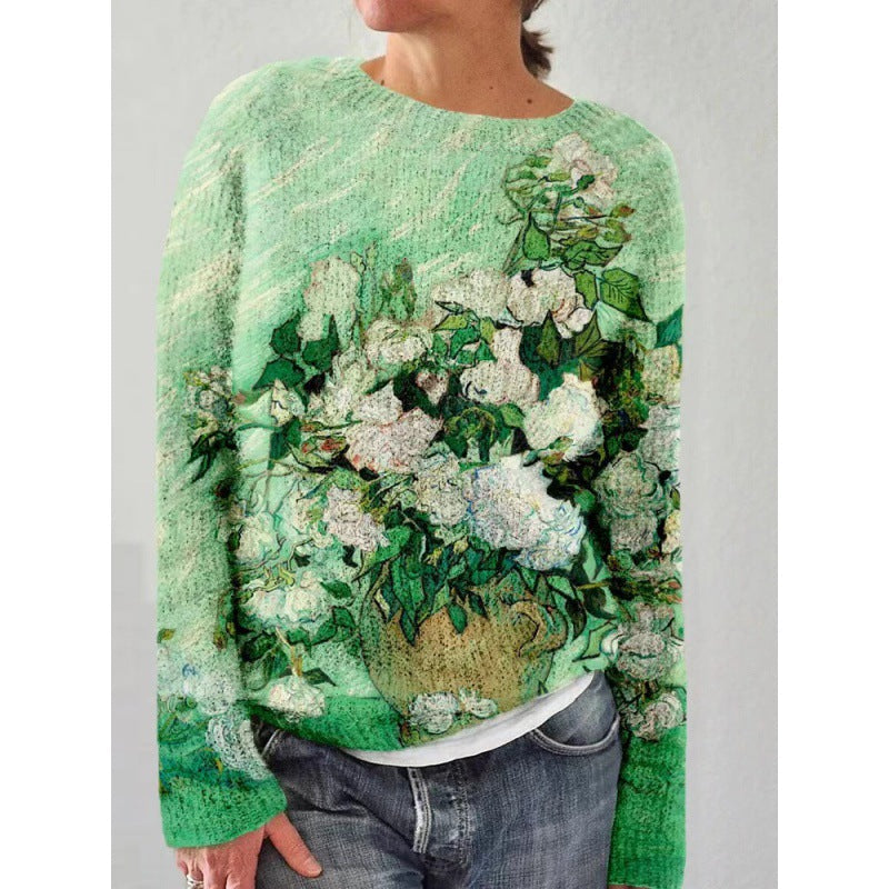 Women’s Sweater – Knitted Fabric – Floral Print – Crew Neck – Long Sleeve – Regular Fit