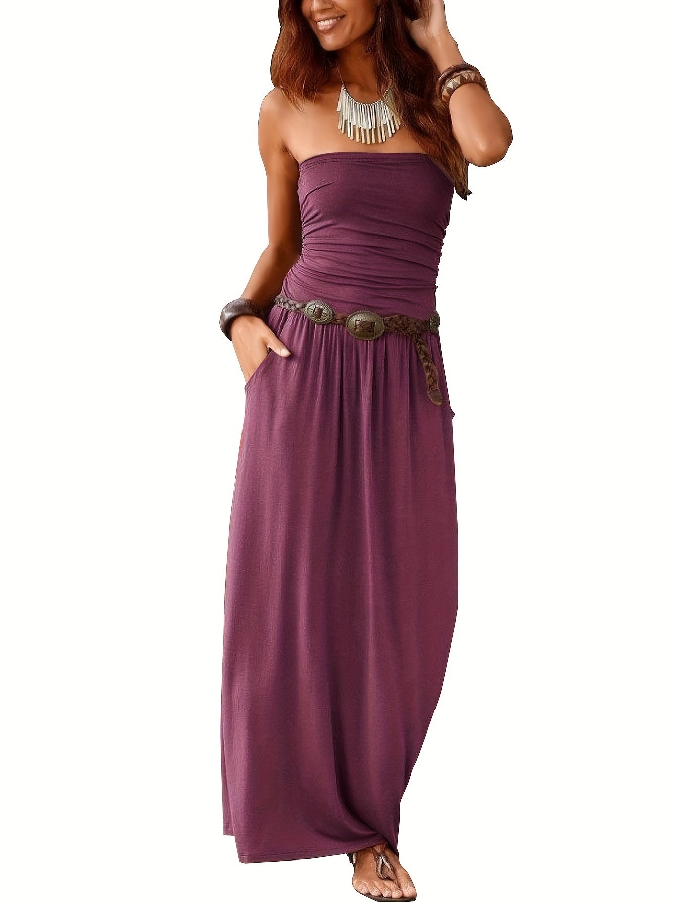 Sleeveless off-shoulder long dress with double pockets for women