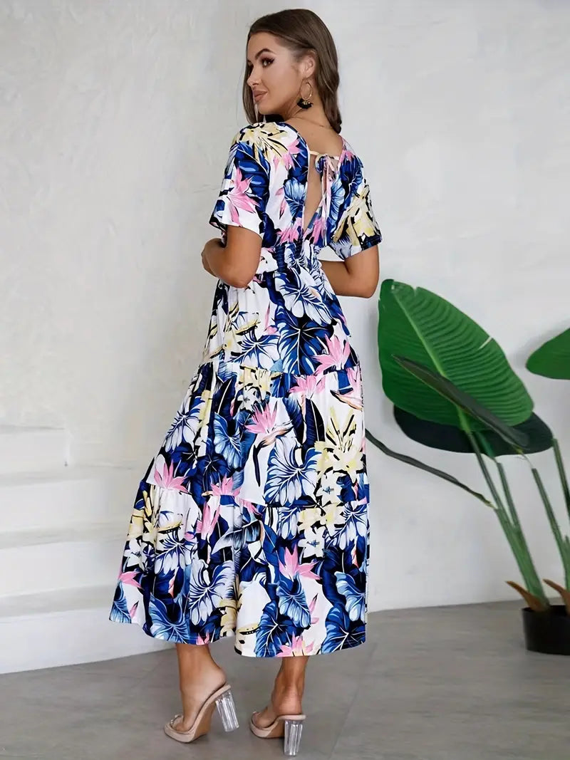 Women's Maxi Dress - Floral Print - V-Neck - Short Sleeve - Flowy Elegant Fit