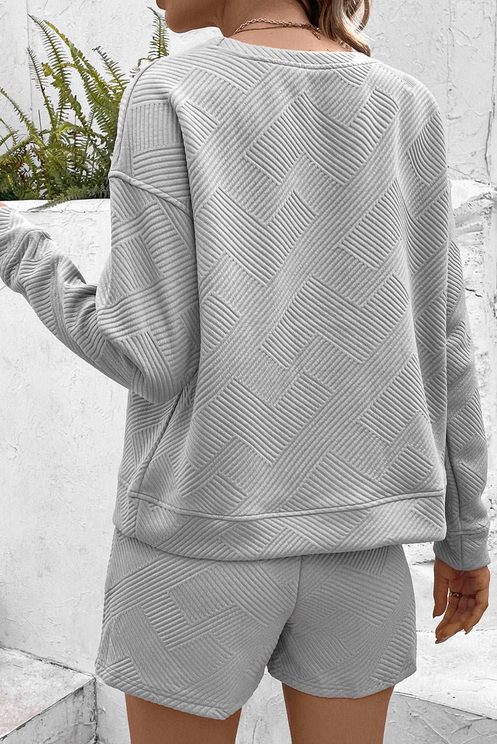 Women’s Lounge Set – Textured Knit – Relaxed Fit – Long Sleeve Top & Adjustable Shorts
