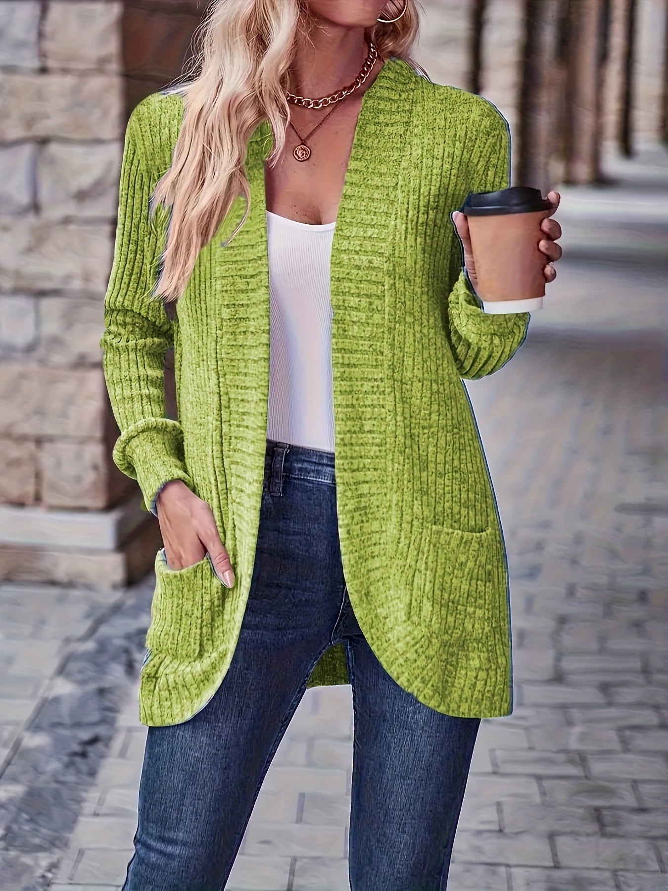 Open front ribbed longline casual cardigan sweater for women