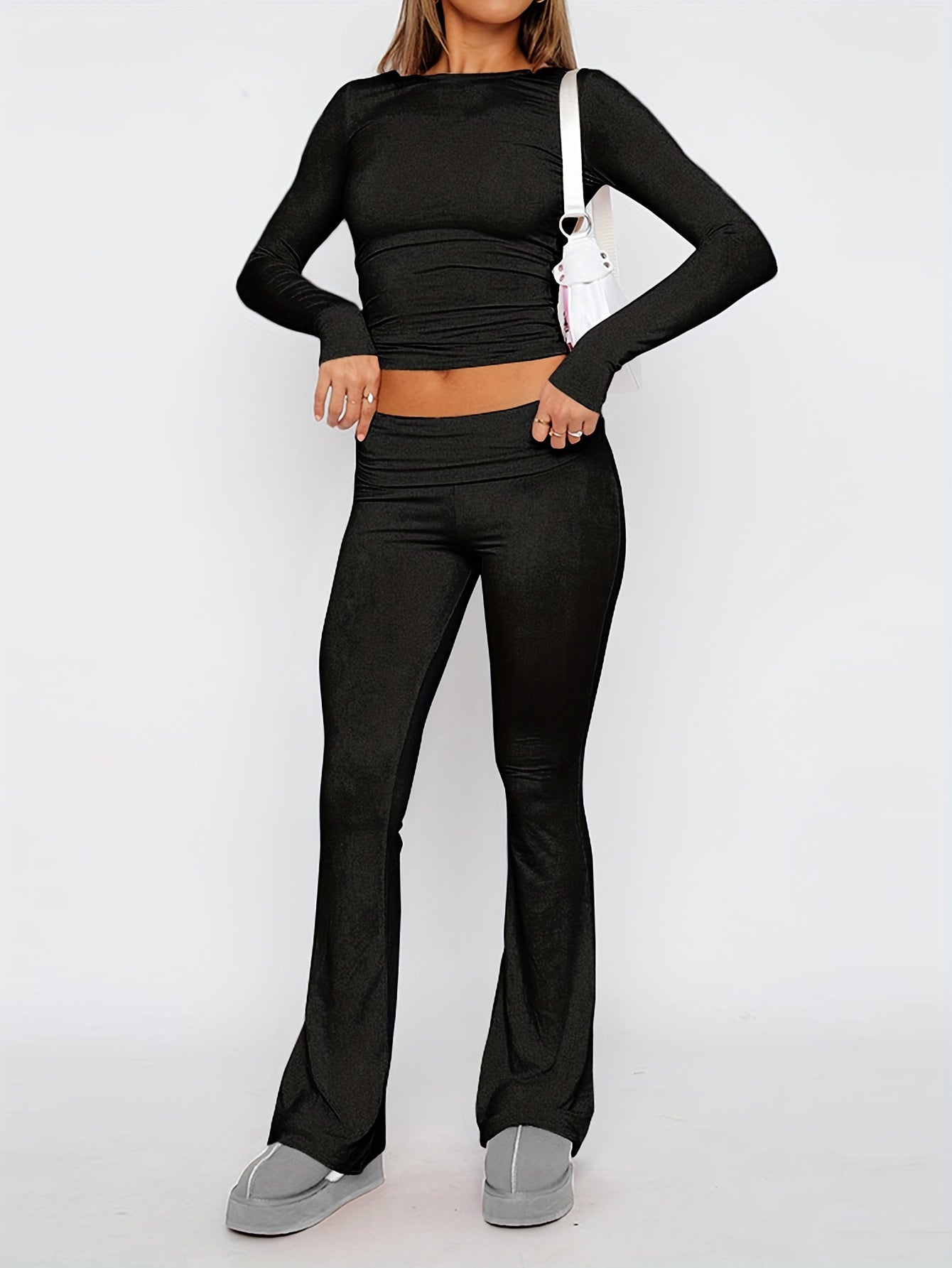 Women’s Two-Piece Set - Long-Sleeve Crew Neck Top & Flared Pants - Slim Fit Casual Wear