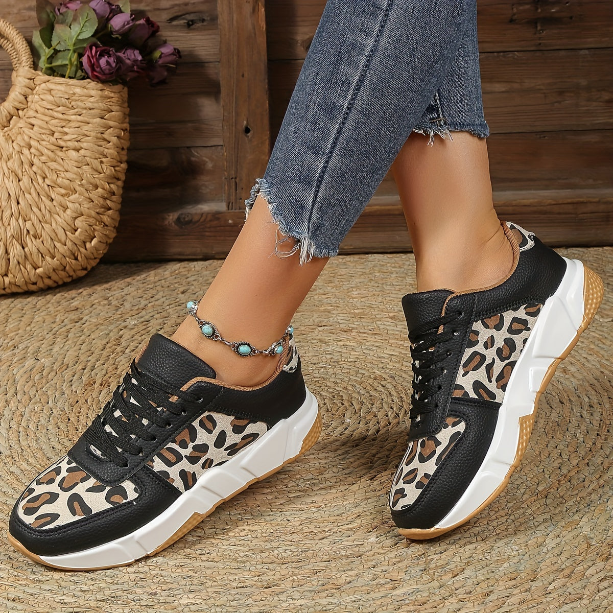 Women's Sneakers - Chunky Sole - Lace-Up - Faux Leather & Fabric - Animal Print