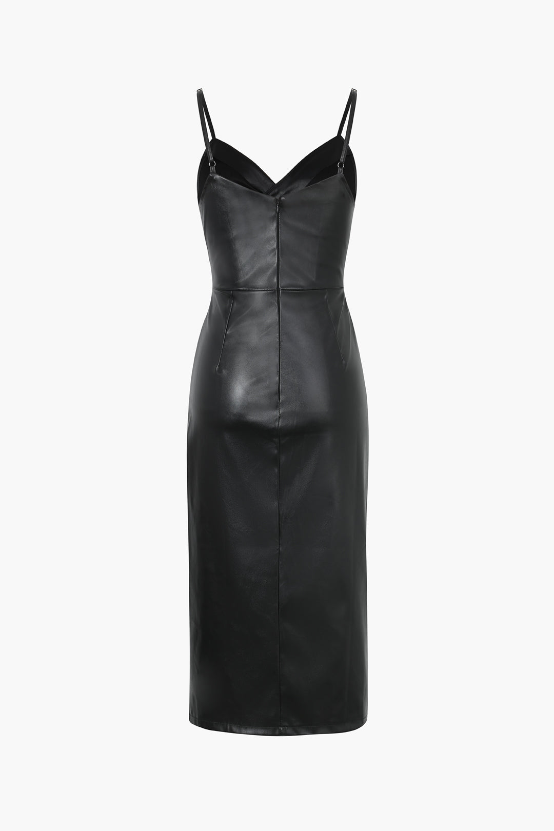 Faux Leather Wrap Bodice Midi Dress