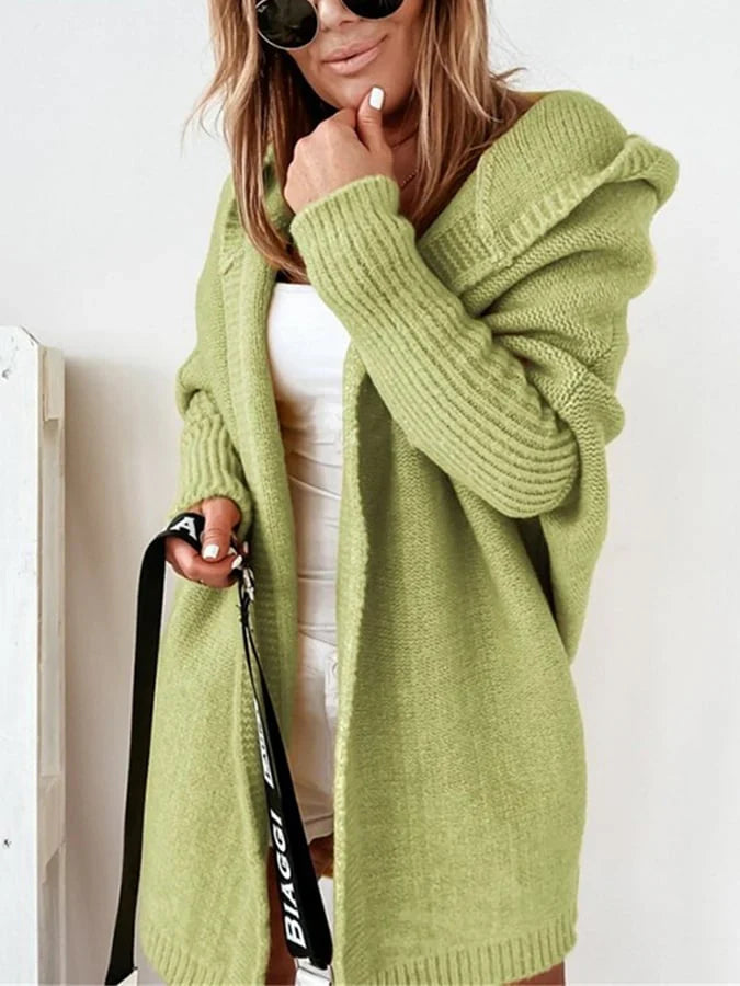 Women’s Hooded Sweater Jacket – Wool Blend Knit – Loose Fit – Open Front – Ribbed Cuffs