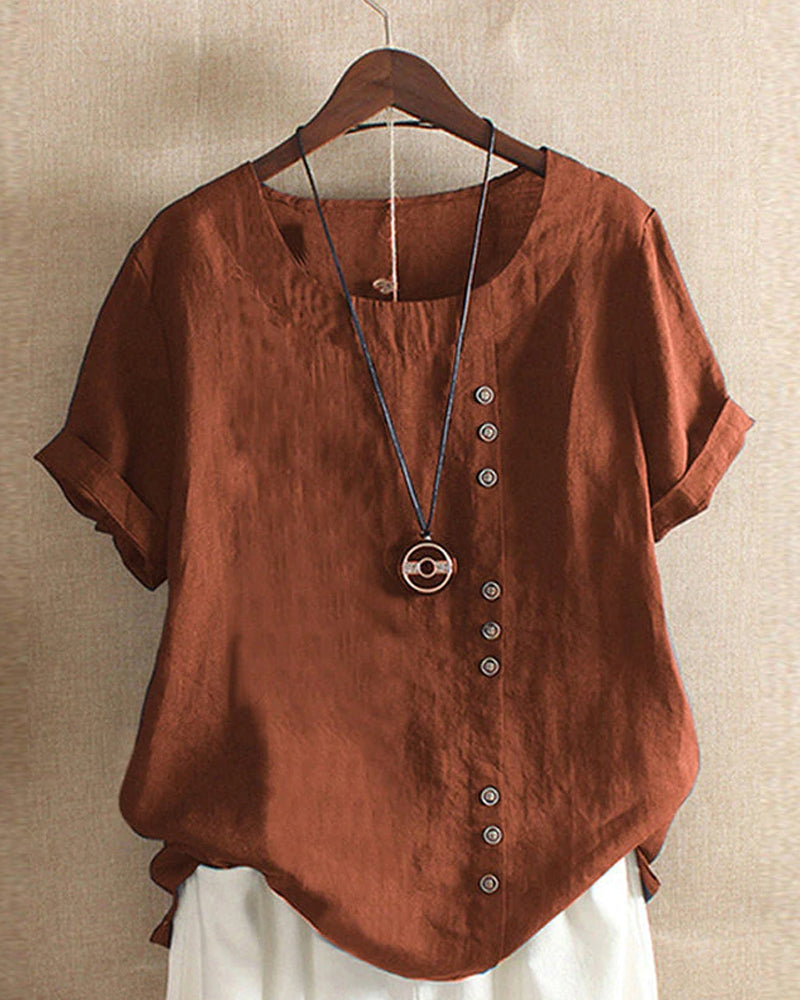 Women's Blouse - Loose Fit - Short Rolled Sleeves - Round Neck - Button Detail