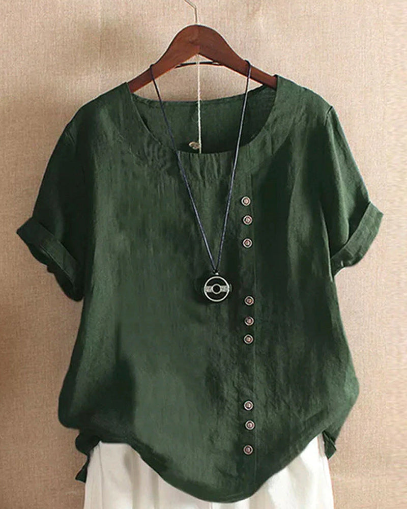 Women's Blouse - Loose Fit - Short Rolled Sleeves - Round Neck - Button Detail