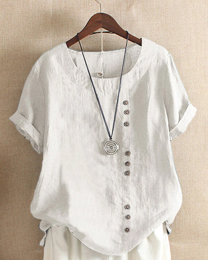 Women's Blouse - Loose Fit - Short Rolled Sleeves - Round Neck - Button Detail