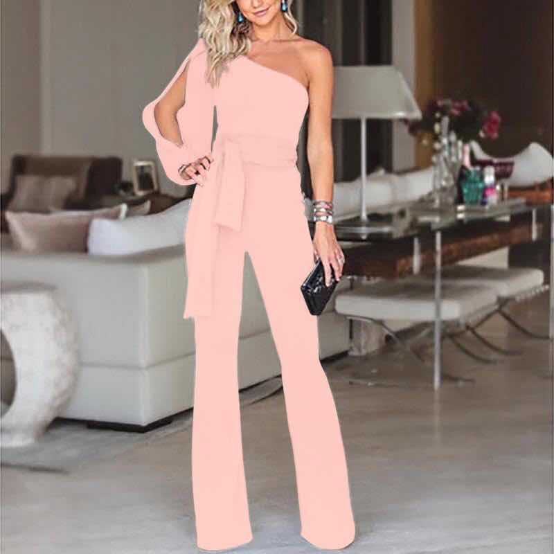 Women’s Elegant Overall - One Shoulder - Slim Fit - Belted Waist - Flared Leg