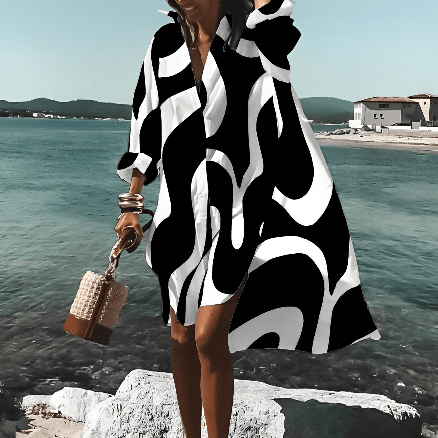 Women's Shirt Dress - Knee-Length Loose Fit - Bold Wave Pattern - Long Sleeve