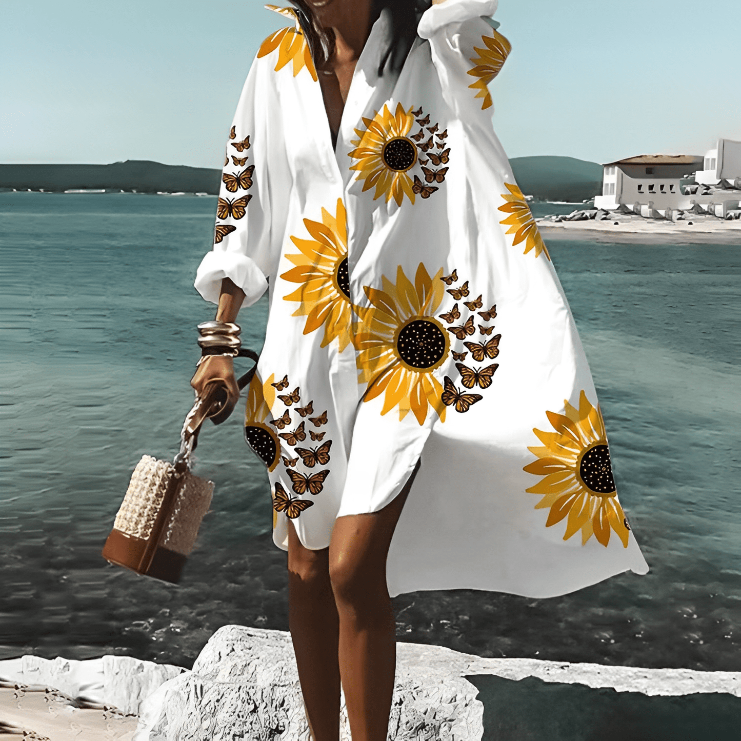 Women's Shirt Dress - Knee-Length Loose Fit - Bold Wave Pattern - Long Sleeve