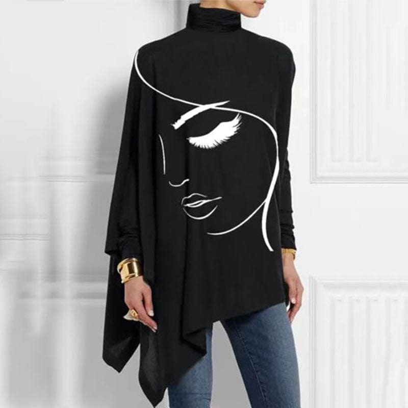 Women's Batwing Sleeve Top - High Neck - Asymmetrical Hem - Artistic Face Print