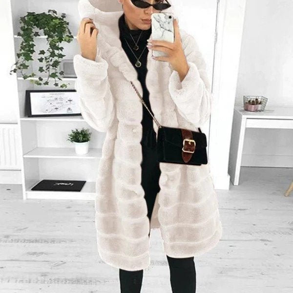 Women's thick plush hooded faux mink fur coat