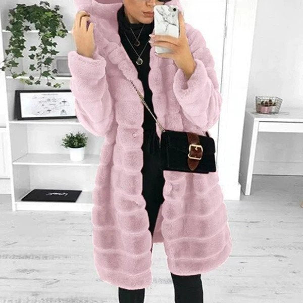 Women's thick plush hooded faux mink fur coat