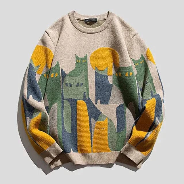 Wool Blend Cat Pattern Relaxed Fit Pullover Sweater
