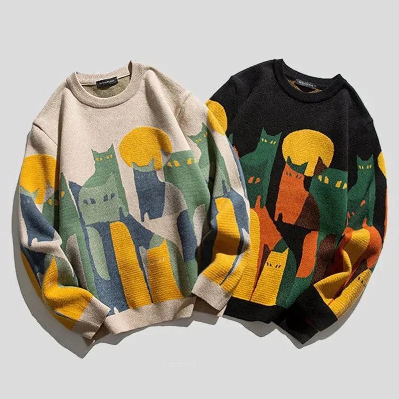Women's abstract cat print pullover sweater