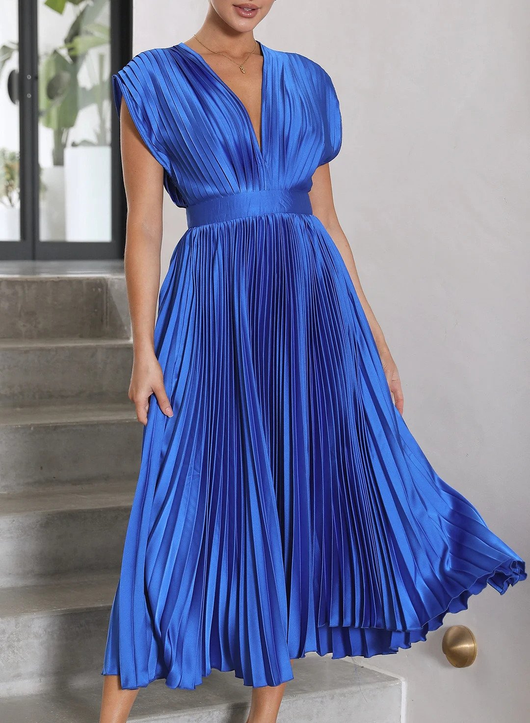 Flowy Pleated Deep V-Neck Midi Dress