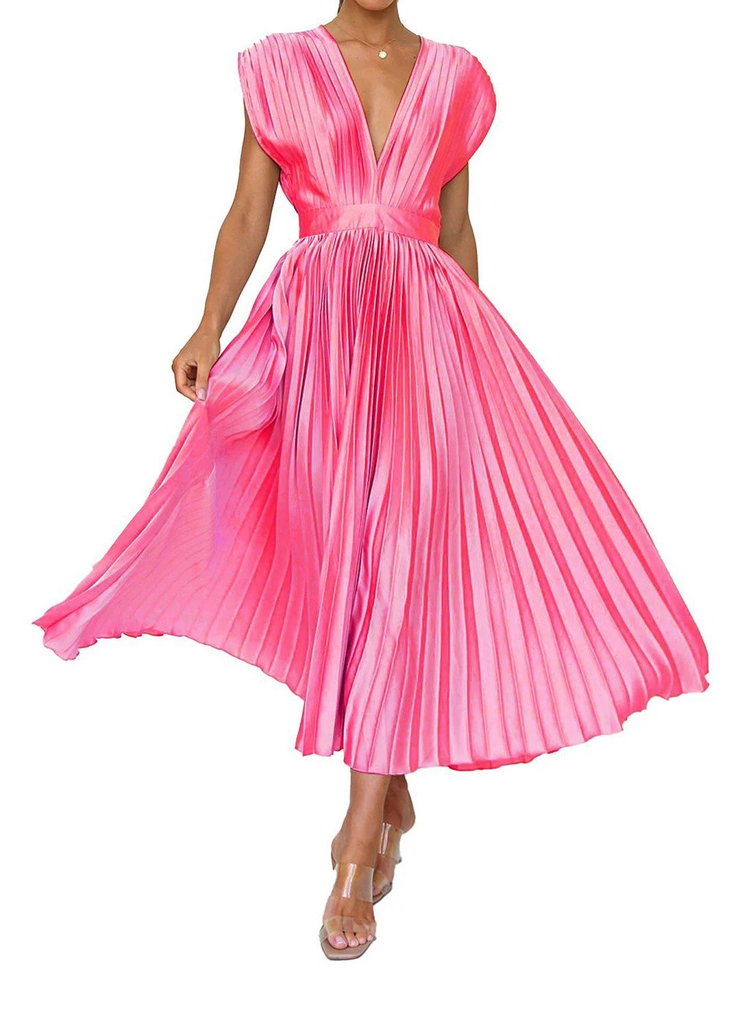 Flowy Pleated Deep V-Neck Midi Dress