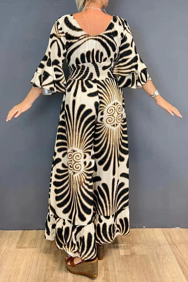 Women's Maxi Dress - V-Neck - Flowing Sleeves - Empire Waist - Full Length Elegant Fit