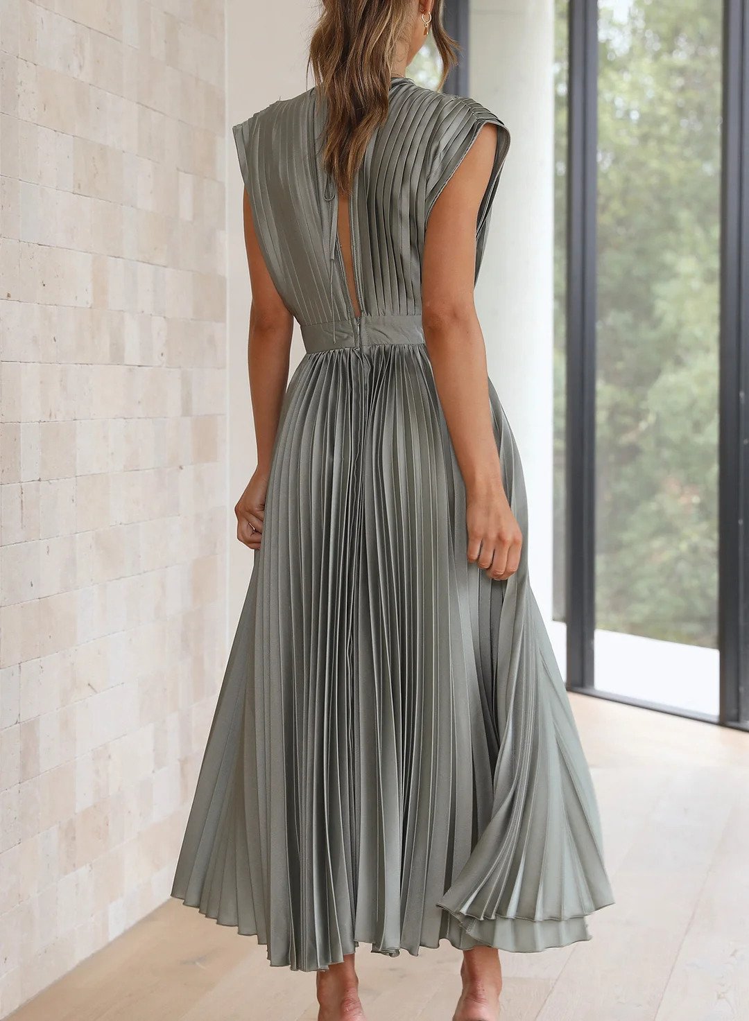 Flowy Pleated Deep V-Neck Midi Dress