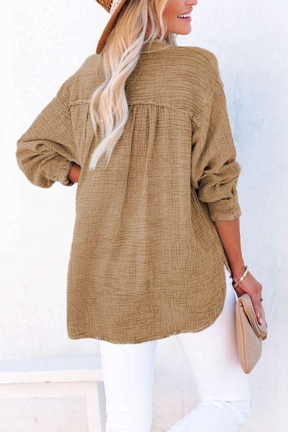 Women's Button-Up Blouse - V-Neck Loose Fit - Long Sleeve Casual Wear