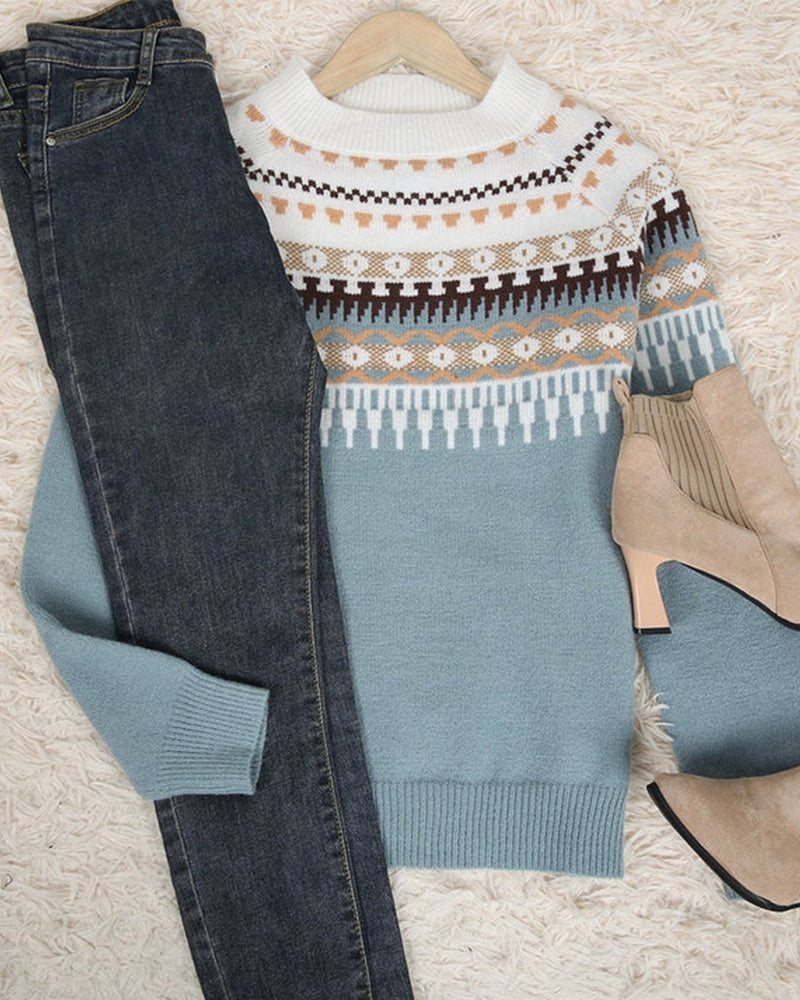 Women’s Knit Sweater - Fair Isle Pattern - Round Neck - Fitted Ribbed Cuffs and Hem
