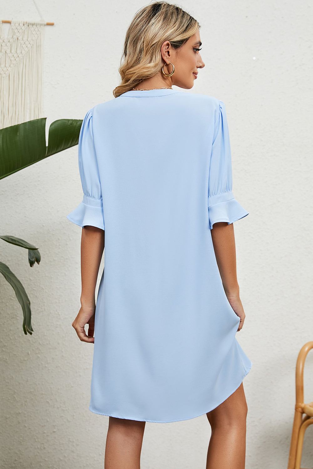 Women's Shift Dress - V-Neck - Elbow Sleeve with Ruffle Hem - Casual Loose Fit