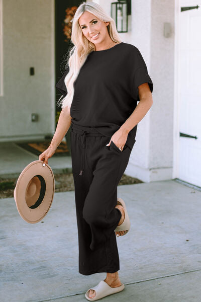Women's double take textured short sleeve top and pants set
