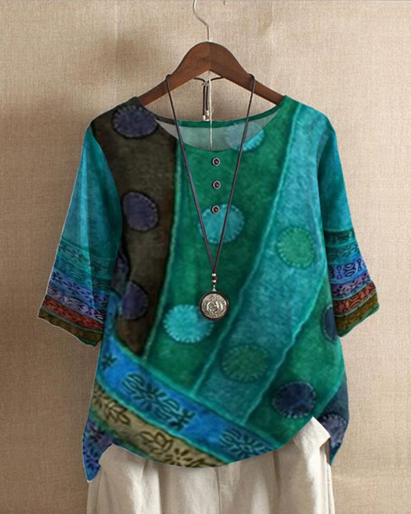 Women’s Boho Top – Relaxed Fit – Natural Fibers – Button Front – 3/4 Sleeve Patterned