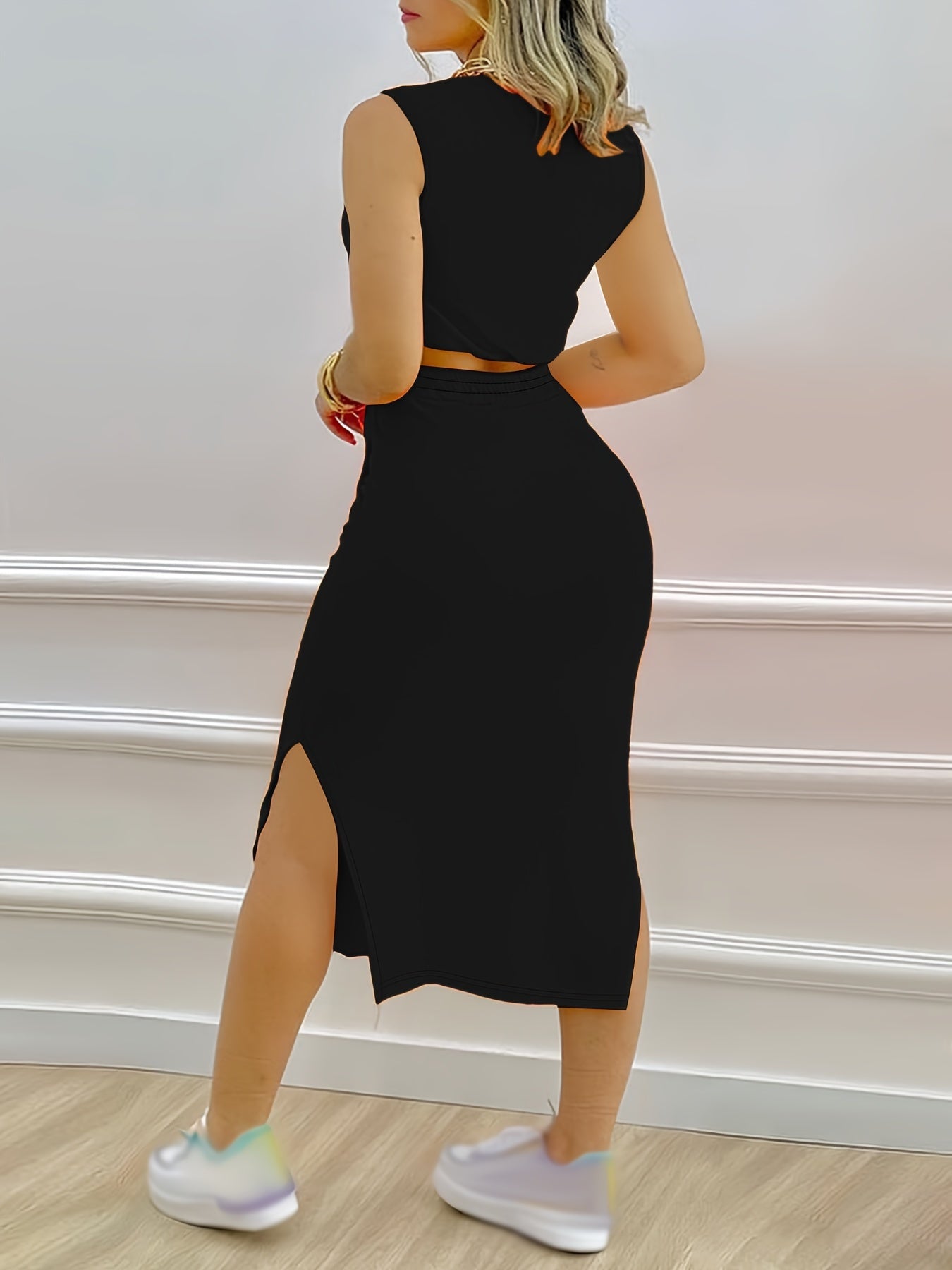 Two-piece sleeveless crop top and drawstring midi skirt set for women
