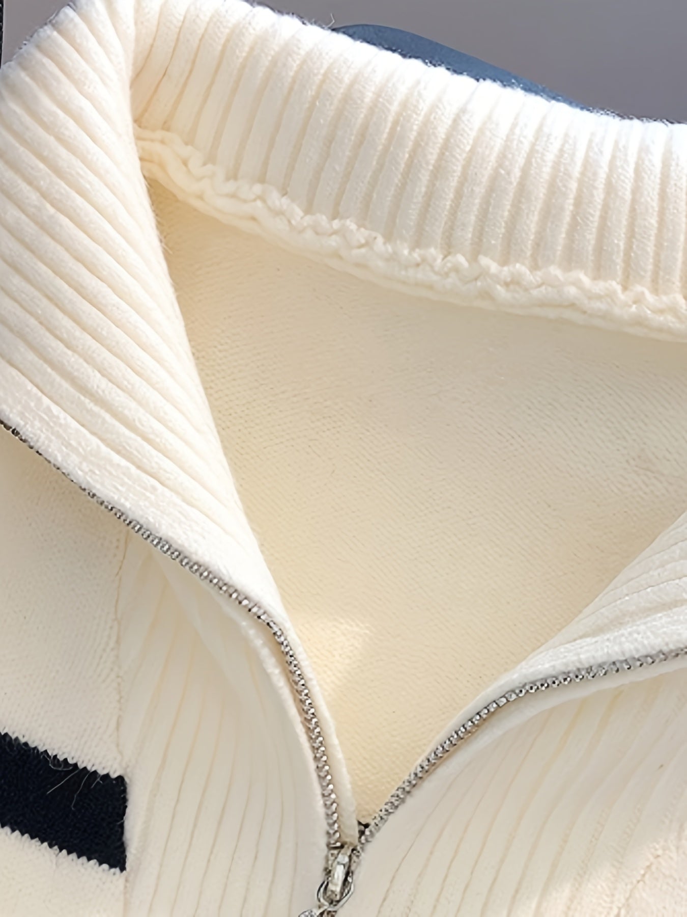 Striped Ribbed Collar Quarter-Zip Pullover Sweater