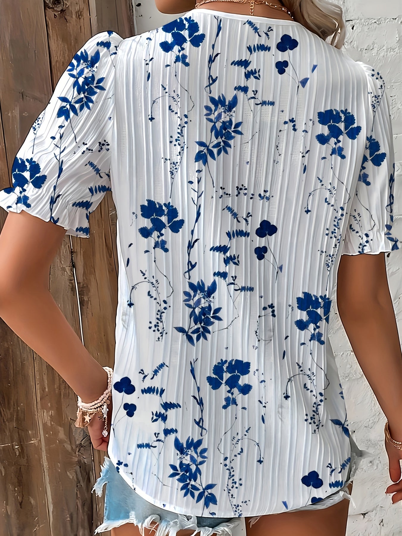 Women's Blouse - Floral V-Neck with Lace Trim - Short Puff Sleeve - Relaxed Fit